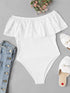 Off The Shoulder Laser Cut Ruffle Trim Bodysuit