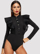 Button Front Fishnet Mesh Trim Ruffle Bodysuit