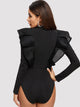 Button Front Fishnet Mesh Trim Ruffle Bodysuit
