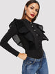 Button Front Fishnet Mesh Trim Ruffle Bodysuit