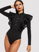 Button Front Fishnet Mesh Trim Ruffle Bodysuit