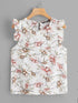 Allover Botanical Print Ruffle Trim Top