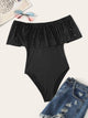 Off The Shoulder Laser Cut Ruffle Trim Bodysuit