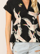 V-cut Neck Flamingo Print Asymmetrical Hem Blouse