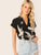 V-cut Neck Flamingo Print Asymmetrical Hem Blouse
