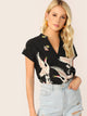 V-cut Neck Flamingo Print Asymmetrical Hem Blouse