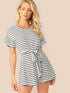 Wide Leg Belted Striped Tee Romper