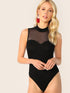 Mock-Neck Mesh Insert Form Fitted Bodysuit