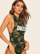 Mock Neck Letter Print Camo Armhole Tank Bodysuit