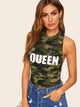 Mock Neck Letter Print Camo Armhole Tank Bodysuit