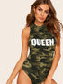 Mock Neck Letter Print Camo Armhole Tank Bodysuit