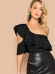 Exaggerate Ruffle Yoke Asymmetrical Shoulder Bodysuit