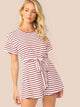 Wide Leg Belted Striped Tee Romper