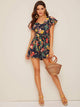 Floral Print Knot Button Keyhole Playsuit