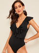 Plunging Neck Ruffle Trim Lace Up Back Bodysuit