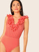 Plunging Neck Ruffle Trim Tie Back Bodysuit