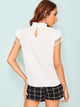 Frilled Neck Dobby Dot Mesh Sleeve Top