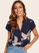 V-cut Neck Flamingo Print Asymmetrical Hem Blouse