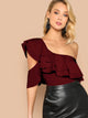 Exaggerate Ruffle Yoke Asymmetrical Shoulder Bodysuit