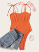 Neon Orange Knot Shoulder Bustier Bra Bodysuit