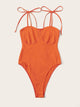Neon Orange Knot Shoulder Bustier Bra Bodysuit