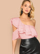 Exaggerate Ruffle Yoke Asymmetrical Shoulder Bodysuit