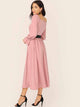 Frill Trim Shirred Front Belted Dress