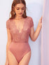 Plunge Neck Sheer Guipure Lace Wrap Bodysuit