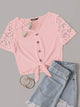 Buttoned Front Knot Hem Guipure Lace Top