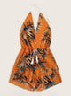 Leaf Print Drawstring Waist Halter Romper