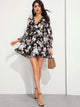 Frill Plunging Neck Backless Ruffle Hem Floral Print Dress