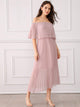 Pleated Ruffle Trim Off Shoulder Chiffon Dress