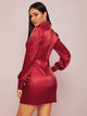 Lace Insert Puff Sleeve Satin Fitted Dress