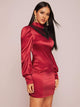 Lace Insert Puff Sleeve Satin Fitted Dress