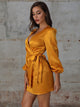 Double Crazy Plunging Neck Wrap Knot Satin Dress