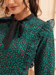 Allover Graphic Tie Neck Ruffle Trim Dress
