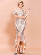 Missord Cold Shoulder Flounce Sleeve High Low Hem Sequin Prom Dress