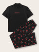 Letter Graphic Tee With Allover Cherry Print Pants