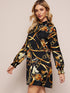 Chain Print Shirred Mock Neck Dress