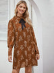 Plants Print Mock Neck Bow Front Chiffon Dress