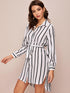 Striped Belted High Low Hem Shirt Dress