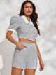 Plaid Button Front Puff Sleeve Tweed Top With Shorts