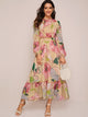 Bishop Sleeve Button Front Floral Print Ruffle Hem Dress