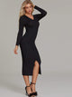V Neck Button Front Bodycon Sweater Dress