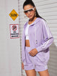 Striped Side Drawstring Zip Up Hooded Jacket With Shorts