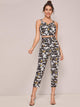 Plaid & Floral Print Cami Top & Belted Pants