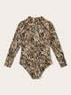 Leopard Zipper Front Long Sleeve One Piece Swimwear