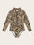 Leopard Zipper Front Long Sleeve One Piece Swimwear