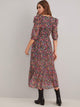Floral Print Ruffle Trim Chiffon A-line Dress