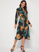 Plants Print Belted Wrap Dress